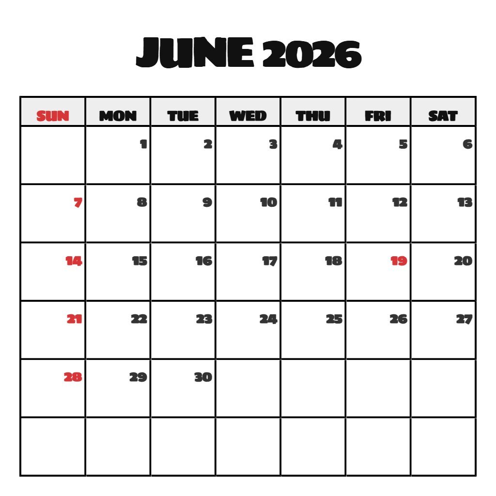 Custom June 2026 Blank Calendar Printable Notes PDF Download