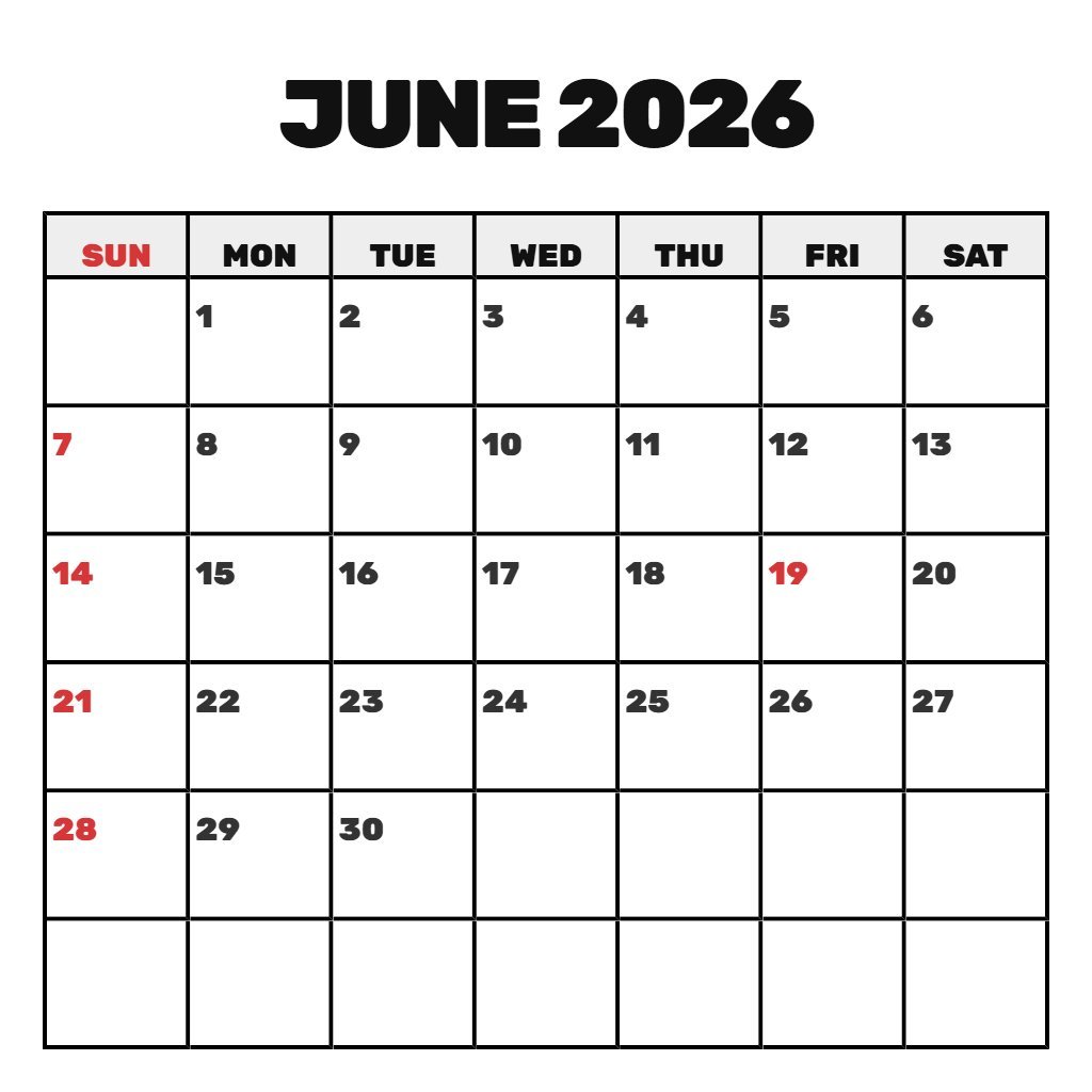 Custom June 2026 Blank Calendar Printable Wallpaper PDF Download