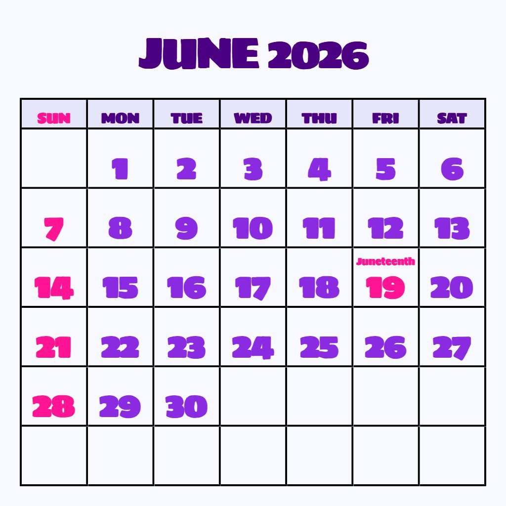 Editable June 2026 Blank Calendar Printable Wallpaper PDF Download