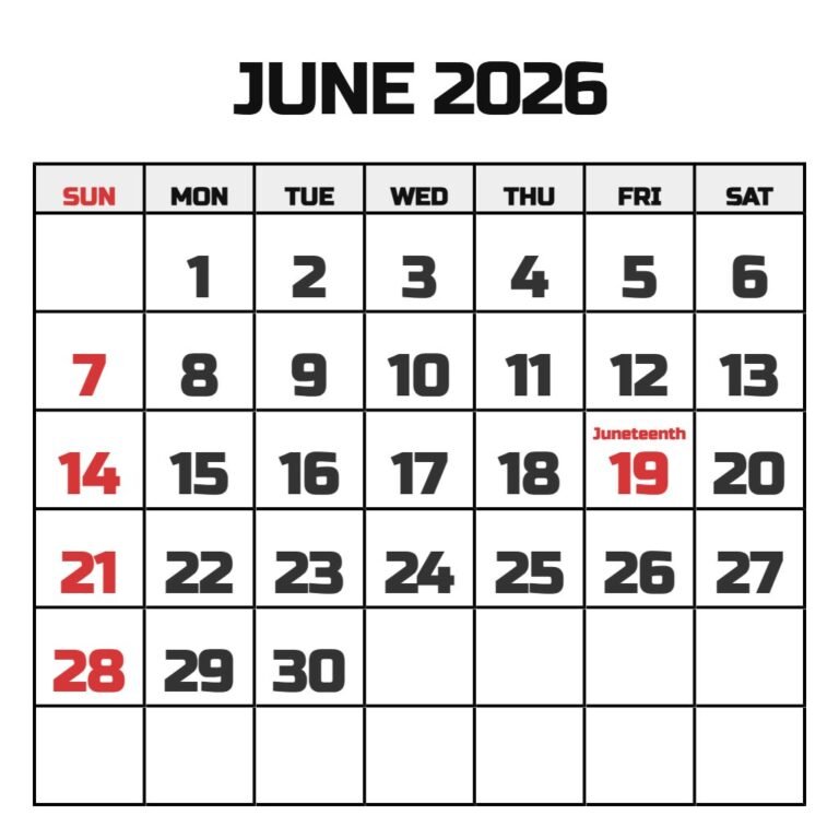 June 2026 Calendar Printable Free PDF Download
