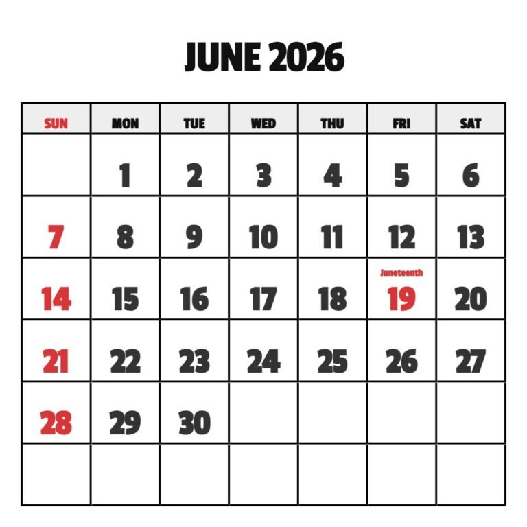 June 2026 Calendar Printable Pdf PDF Download