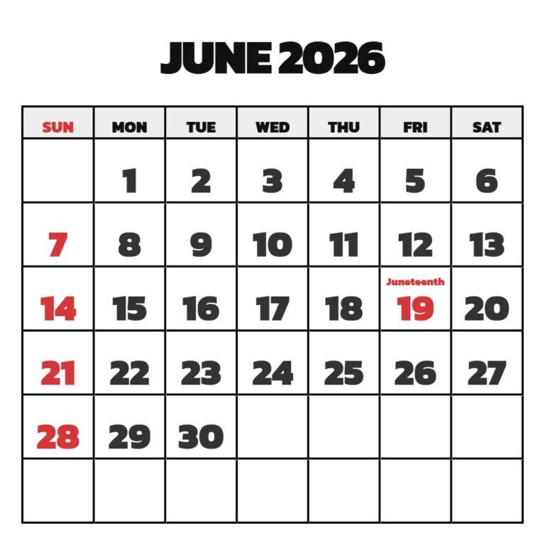 June 2026 Weekly Calendar Printable PDF Download