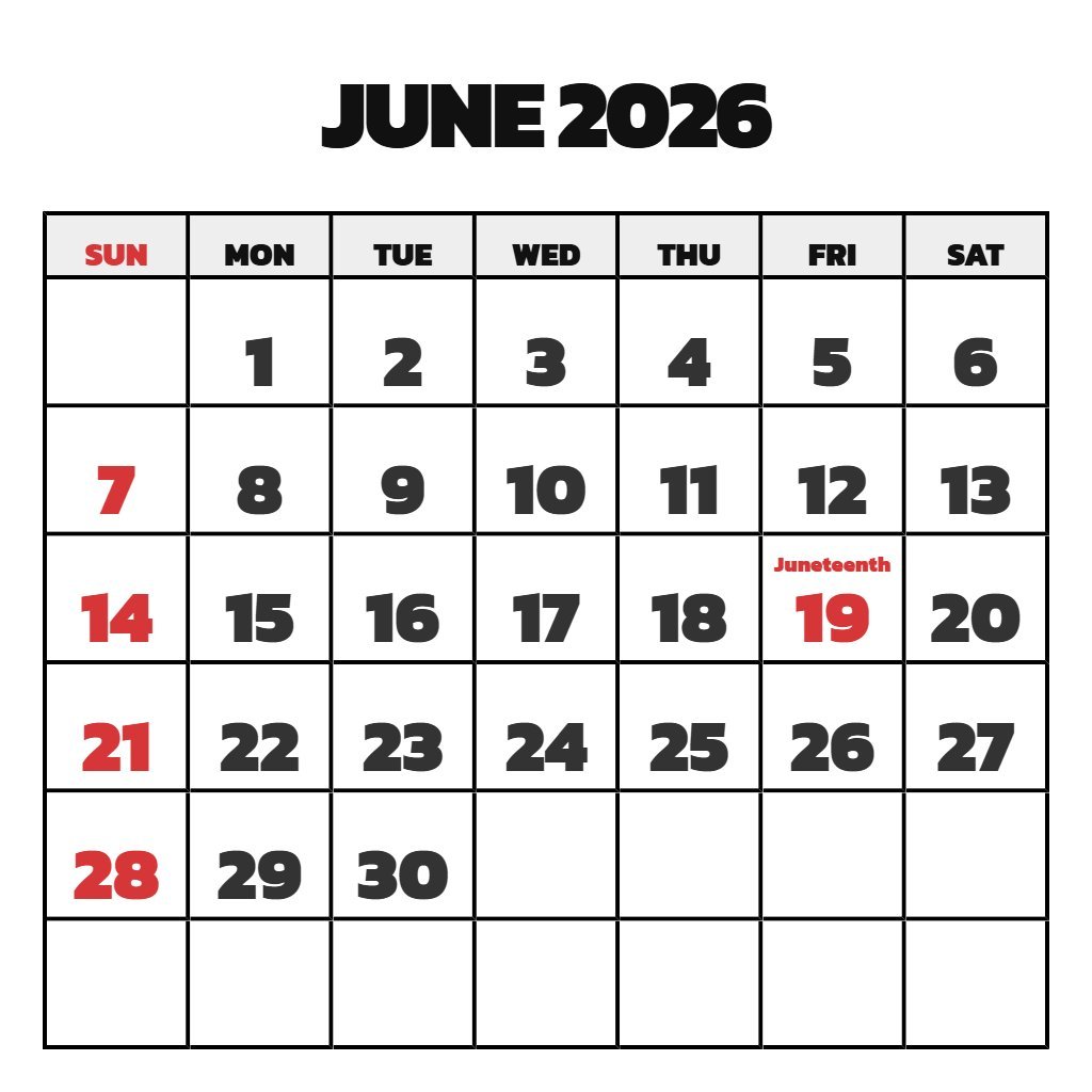 June 2026 Weekly Calendar Printable PDF Download