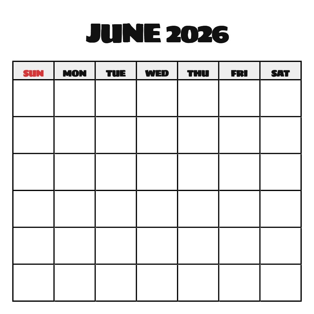 June Calendar 2026 Printable Free Blank PDF Download