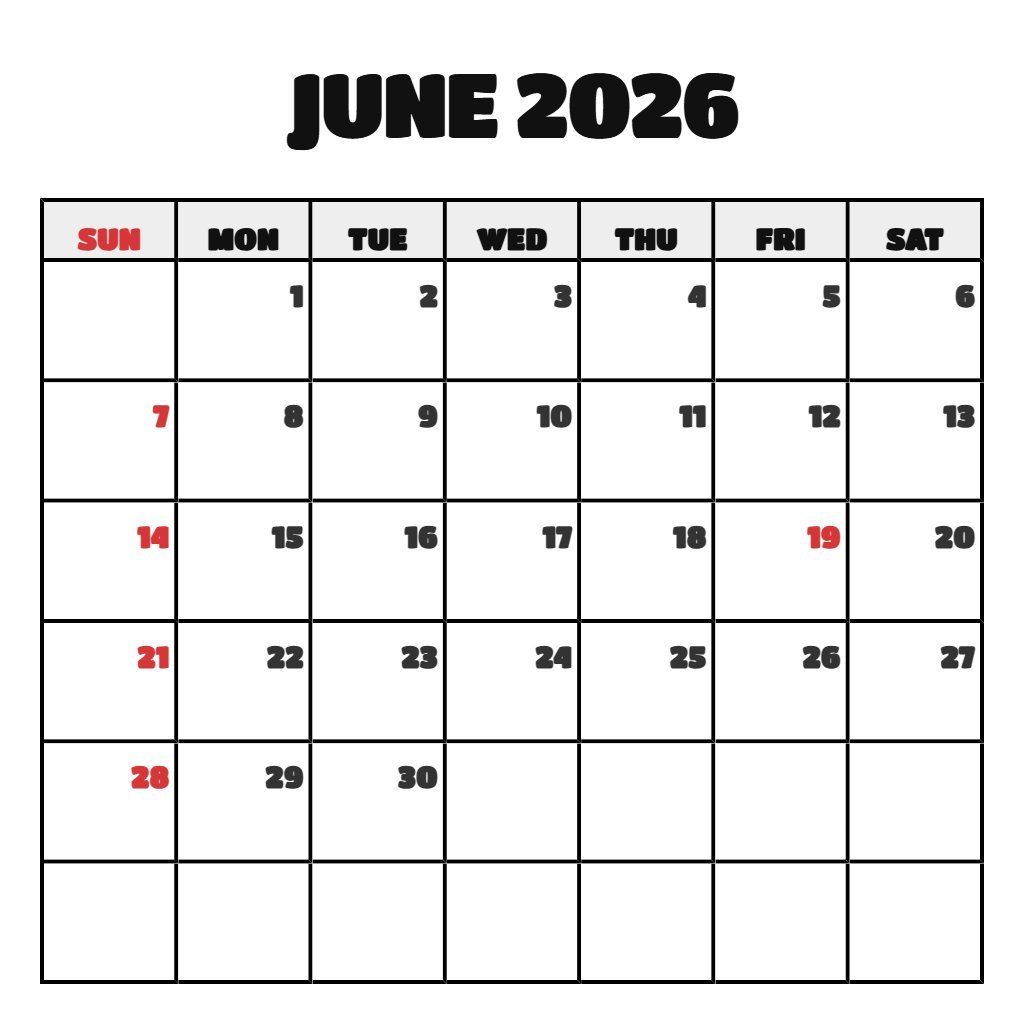Editable June Free Printable Calendar 2026 Schedule PDF Download