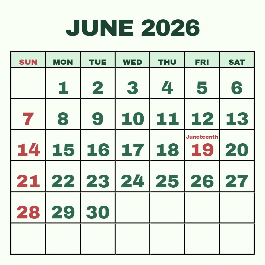Custom June Free Printable Calendar 2026 Schedule PDF Download