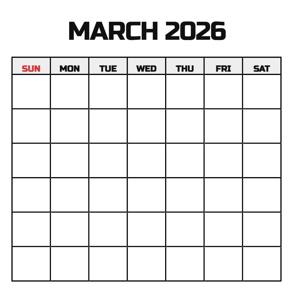 March 2026 Calendar Printable Free Blank PDF Download