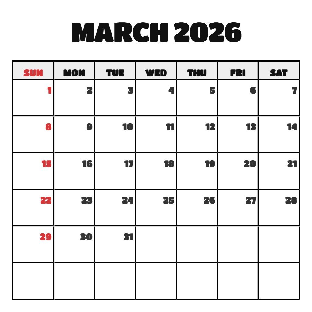 Editable March 2026 Monthly Calendar Printable Wallpaper PDF Download