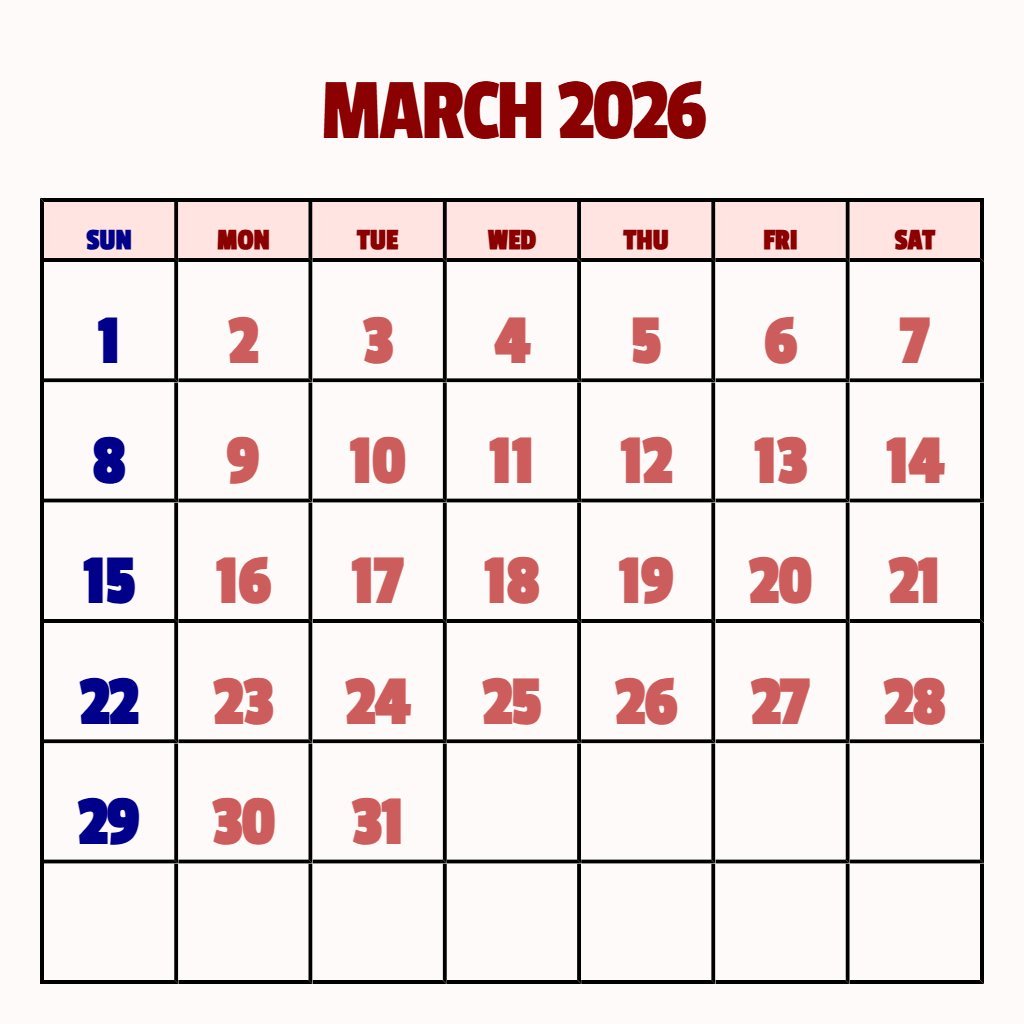 Cute March 2026 Printable Calendar Free Notes PDF Download