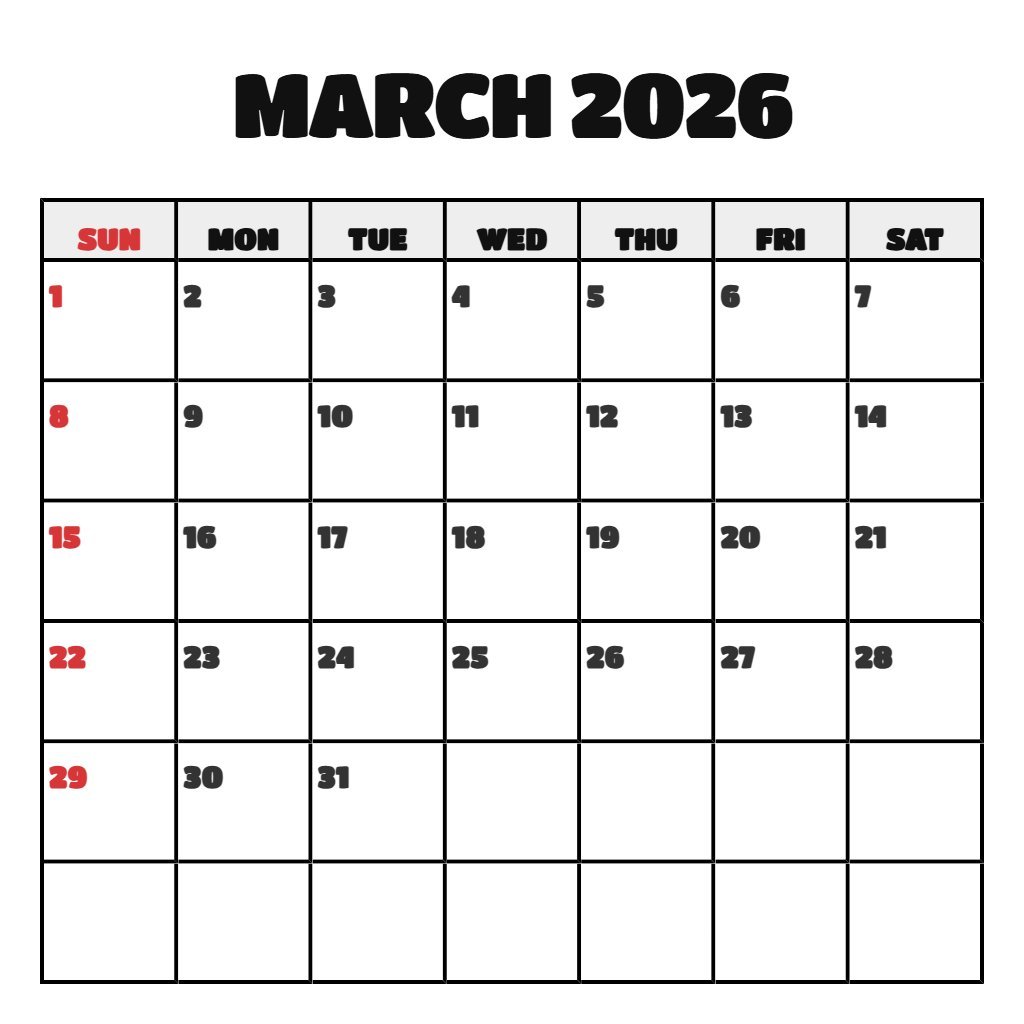 Custom March Free Printable Calendar 2026 Schedule PDF Download