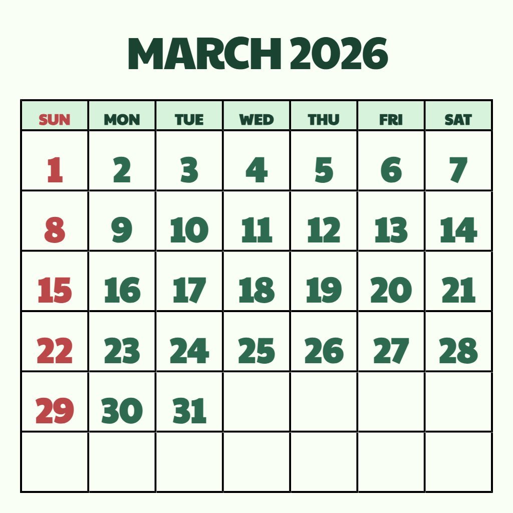 Editable March Free Printable Calendar 2026 Wallpaper PDF Download