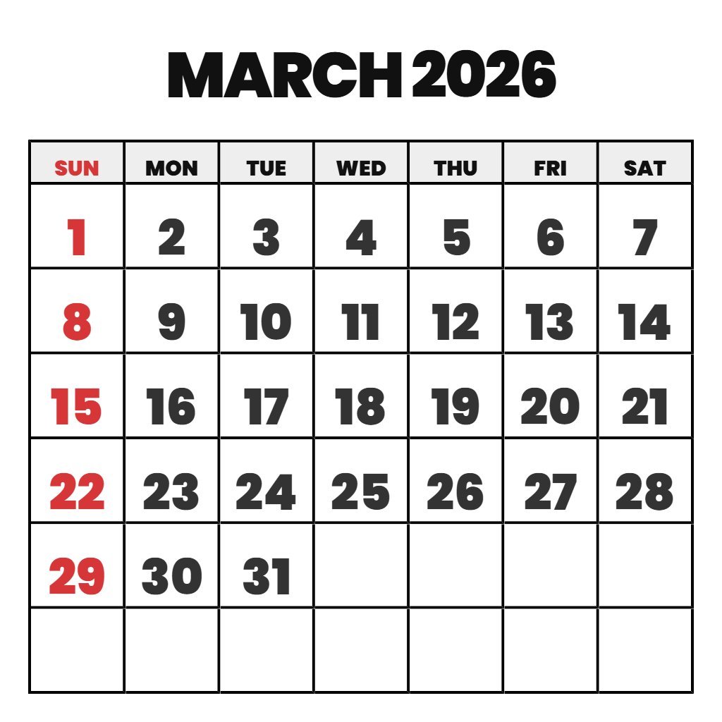 March Free Printable Calendar 2026 PDF Download