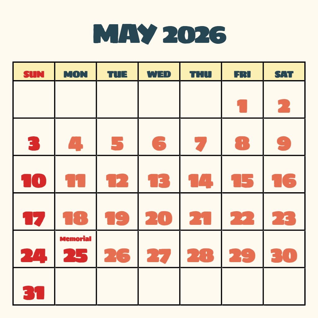 Cute May 2026 Calendar Printable Free Planning PDF Download