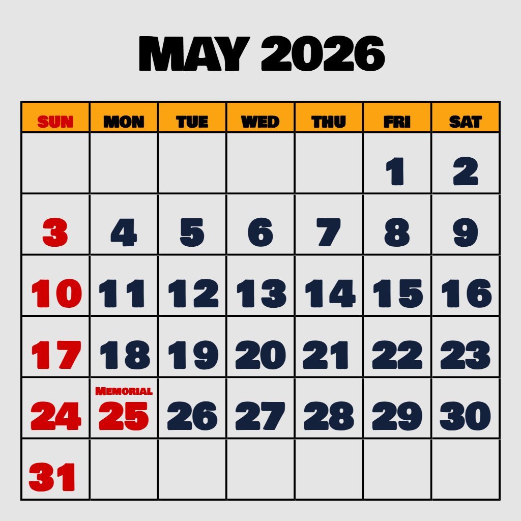 Custom May 2026 Calendar Printable Pdf Schedule PDF Download