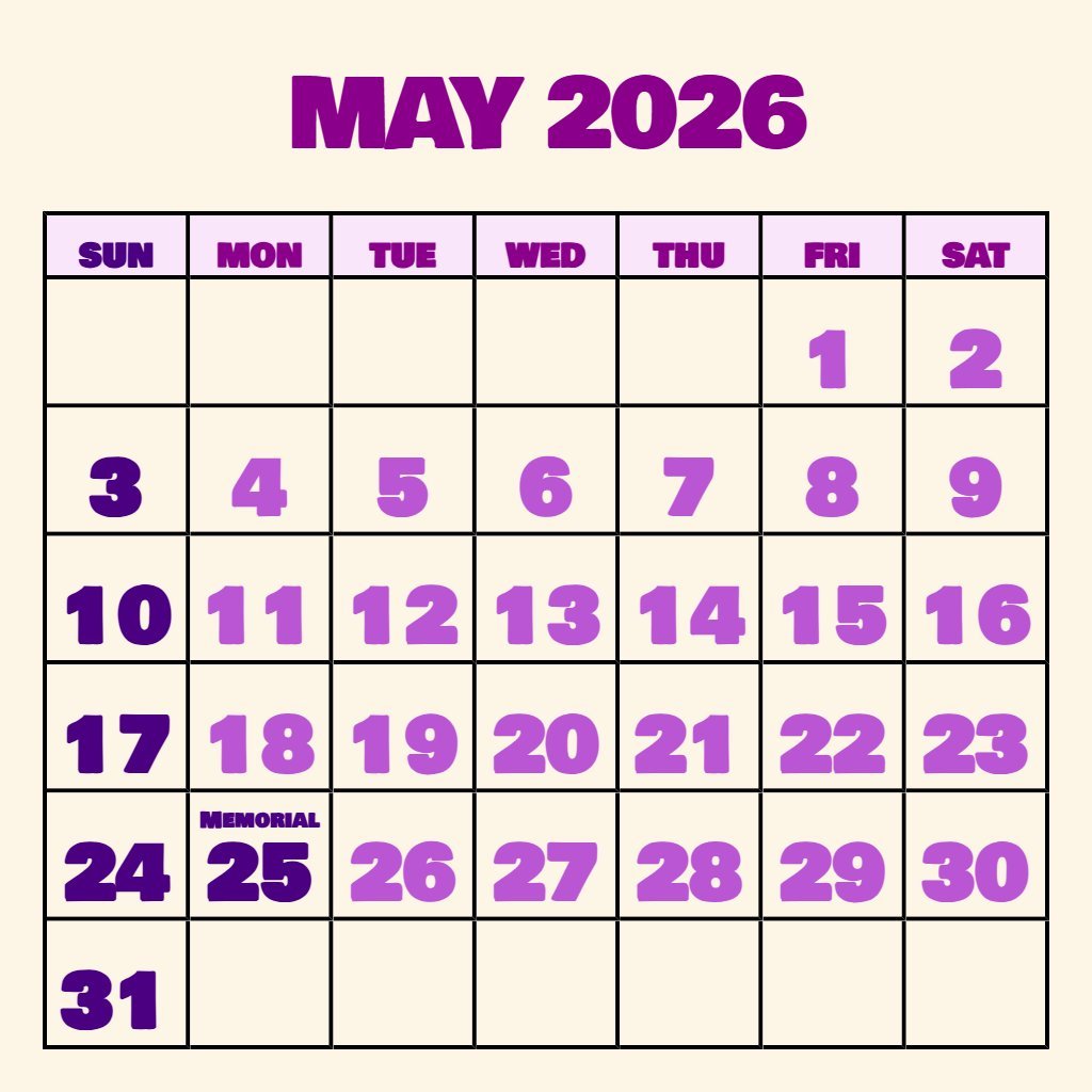 Custom May 2026 Calendar With Holidays Printable Free Wallpaper PDF Download