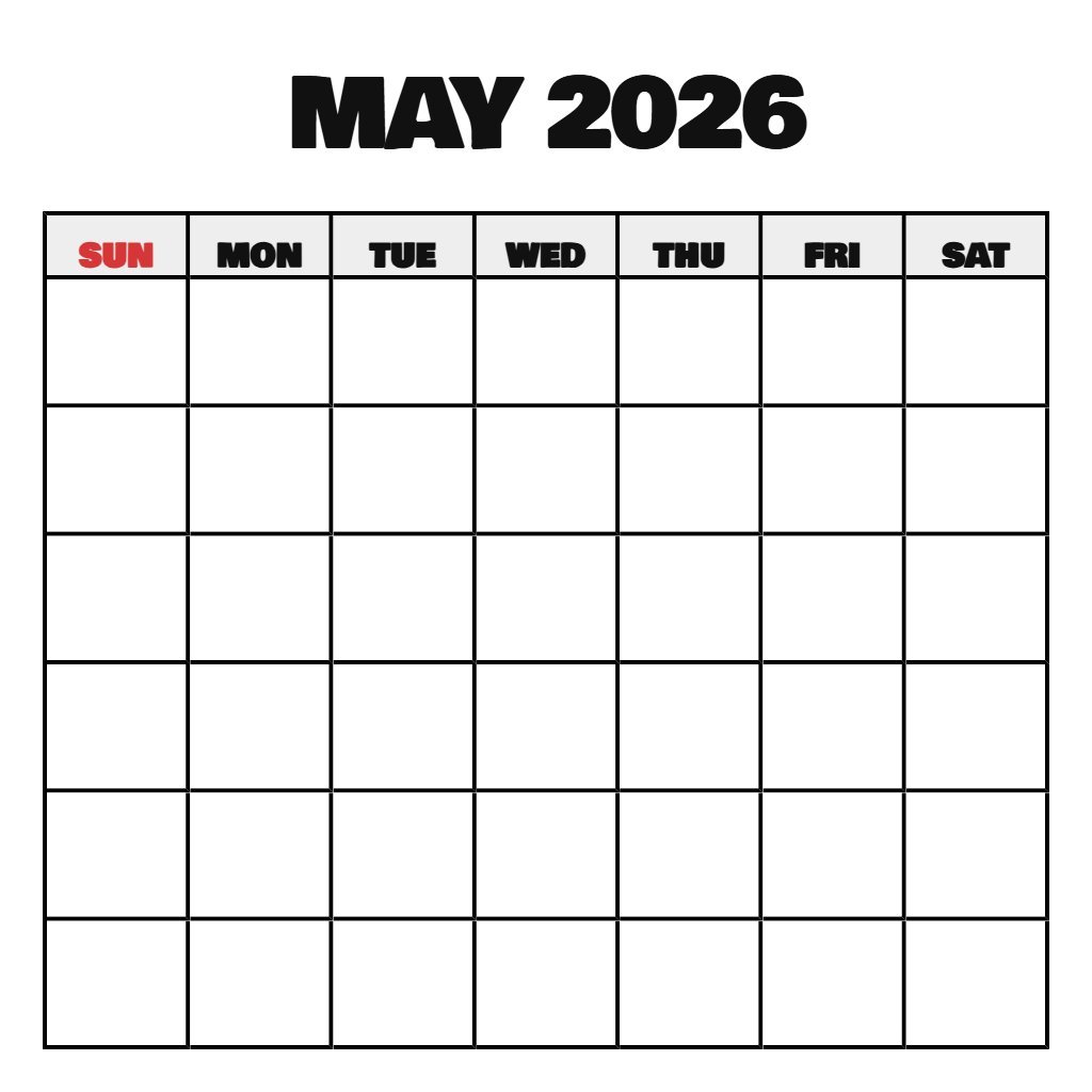 May Calendar Free Printable 2026 Blank PDF Download