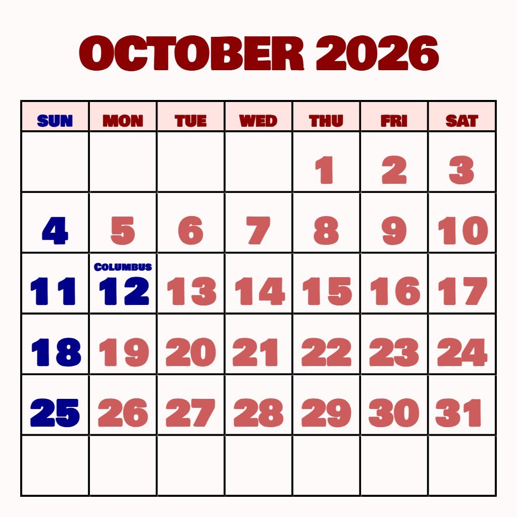 Cute Monthly Calendar 2026 October Schedule Download