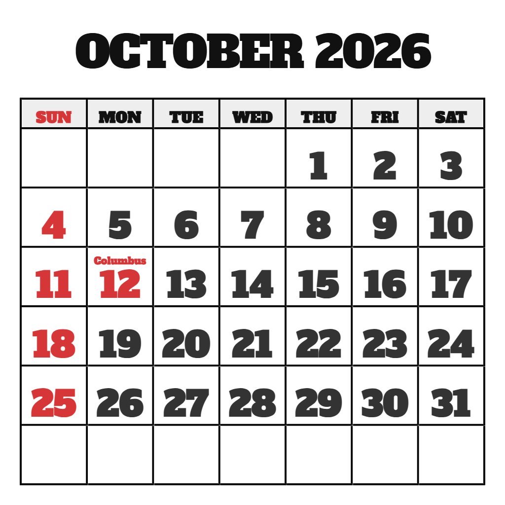Monthly Calendar 2026 October PDF