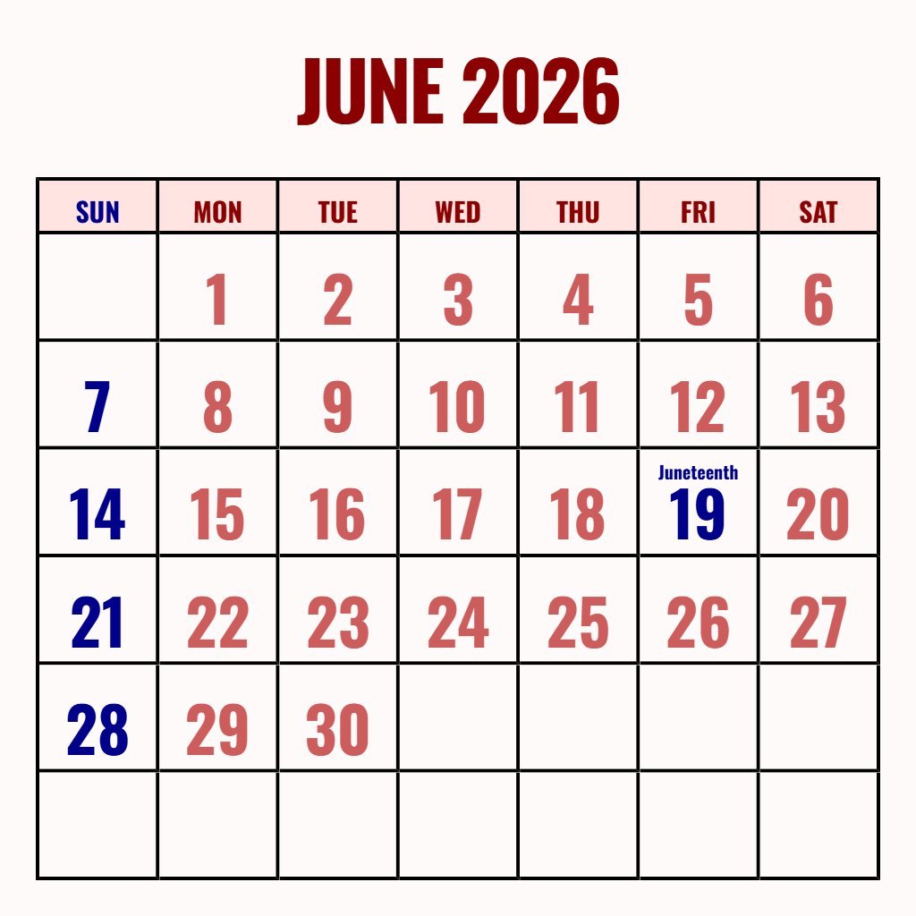 Cute Monthly Calendar June 2026 Printable Notes PDF Download