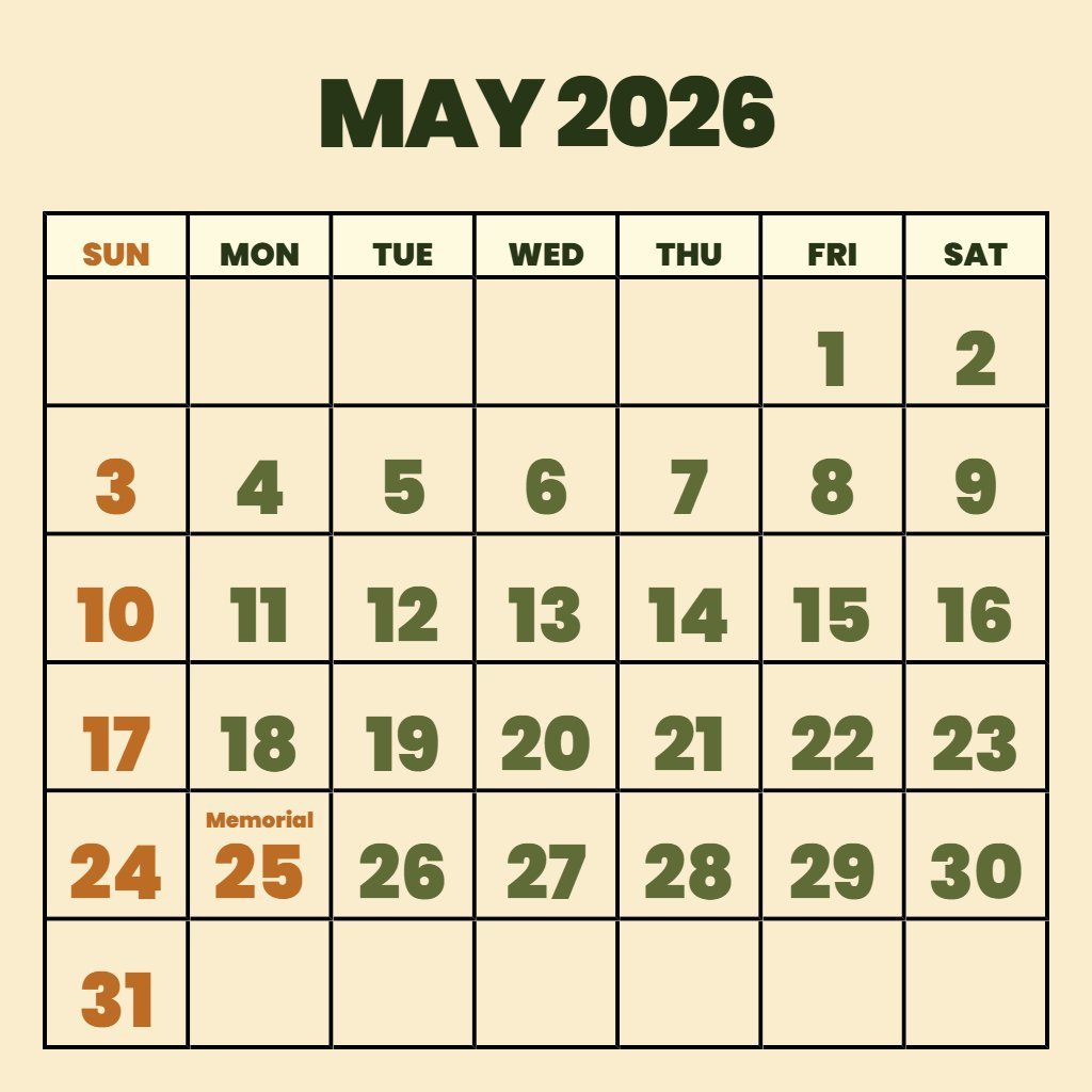 Custom Monthly Calendar May 2026 Printable Schedule PDF Download Custom Monthly Calendar May 2026 Printable Schedule PDF Download