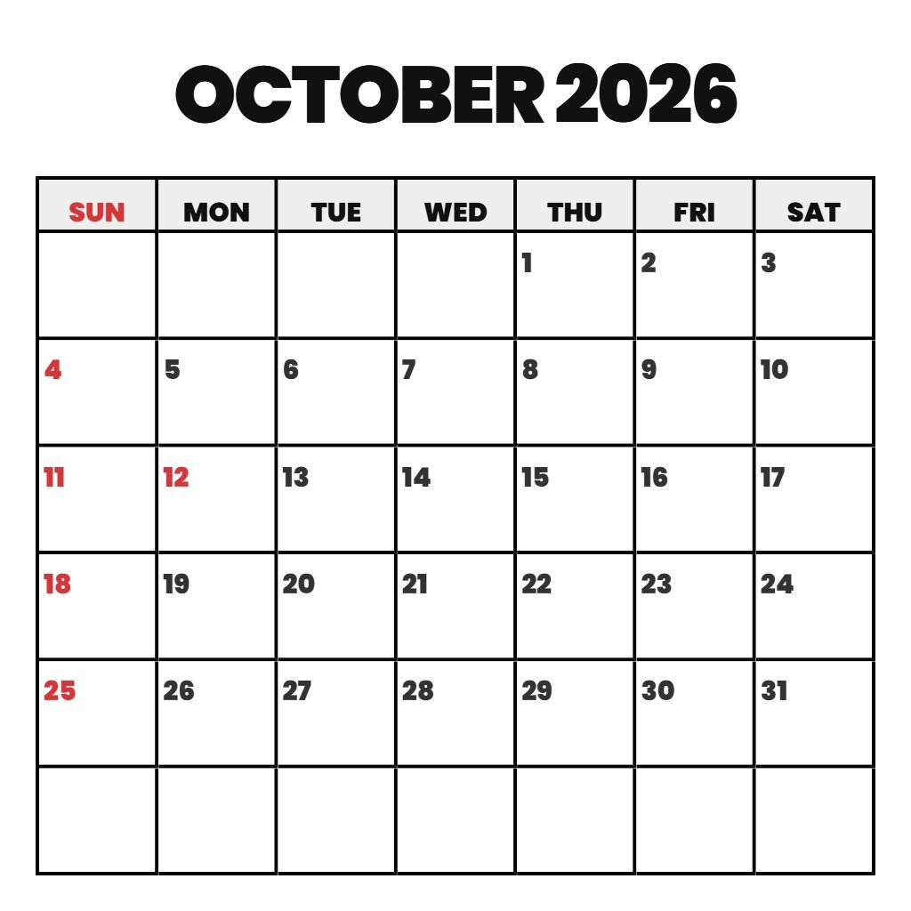 Free Monthly Calendar October 2026 Printable Schedule PDF Download