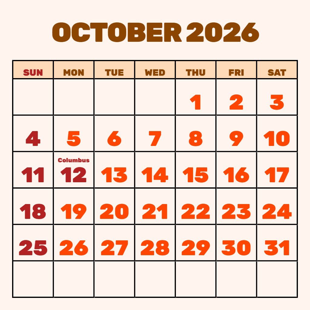 Free Monthly Calendar October 2026 Printable Planning PDF Download