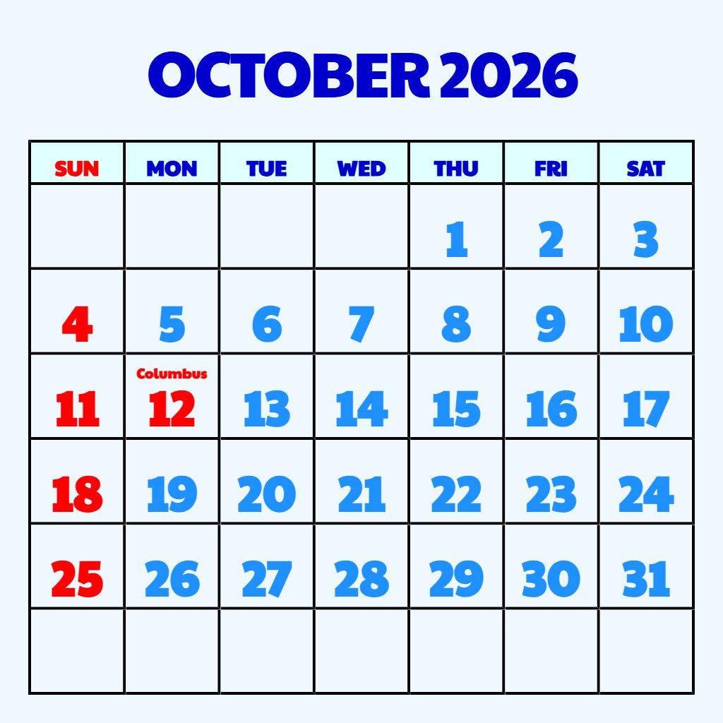 Editable Monthly Calendar October 2026 Printable Schedule PDF Download