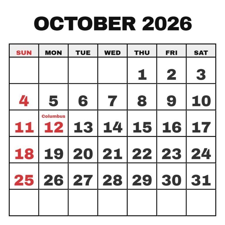 Monthly Calendar October 2026 Printable PDF Download