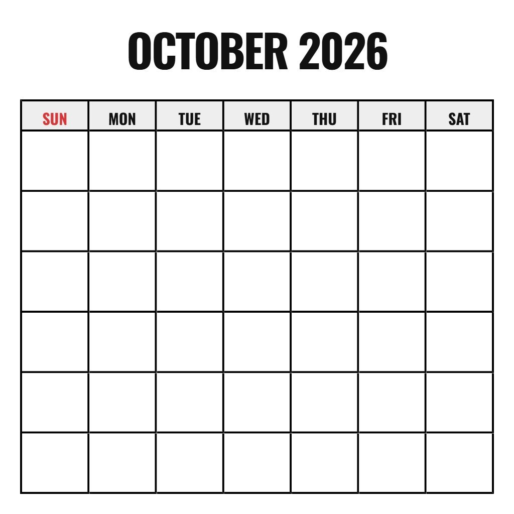 Monthly Calendar October 2026 Printable Blank PDF Download