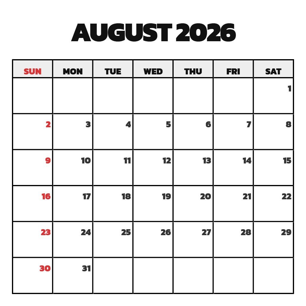 Custom Monthly Calendar Printable August 2026 Notes PDF Download