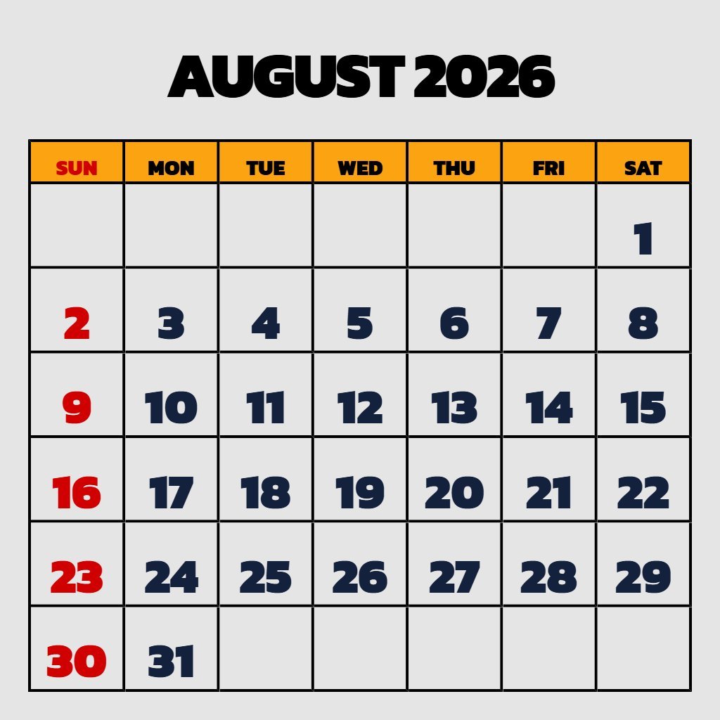 Free Monthly Calendar Printable August 2026 Planning PDF Download