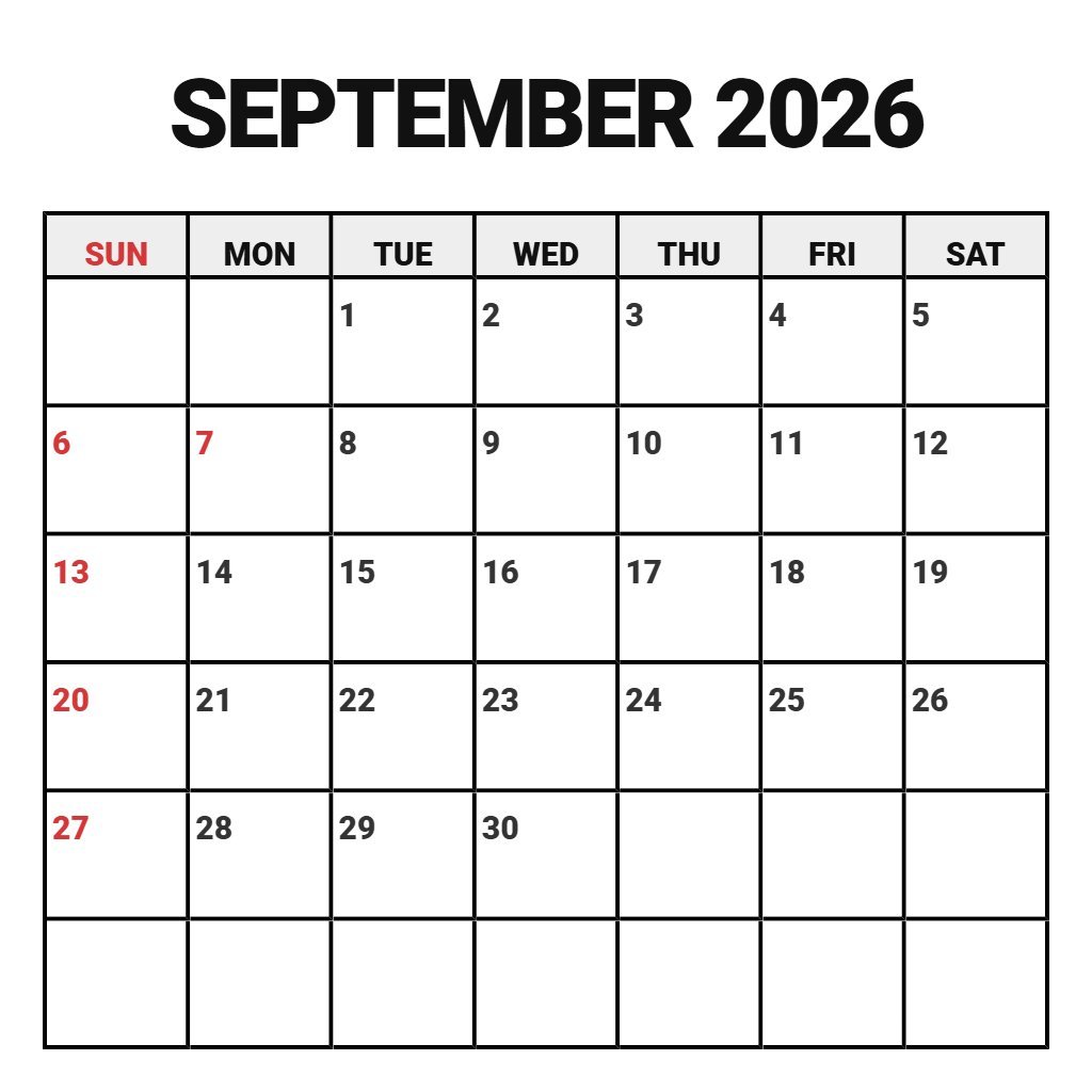 Cute Monthly Calendar Printable September 2026 Schedule PDF Download