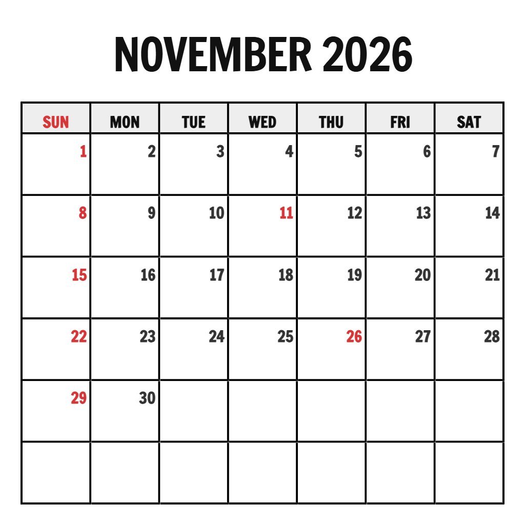 Editable Monthly Free Printable 2026 Calendar Printable November Wallpaper PDF Download
