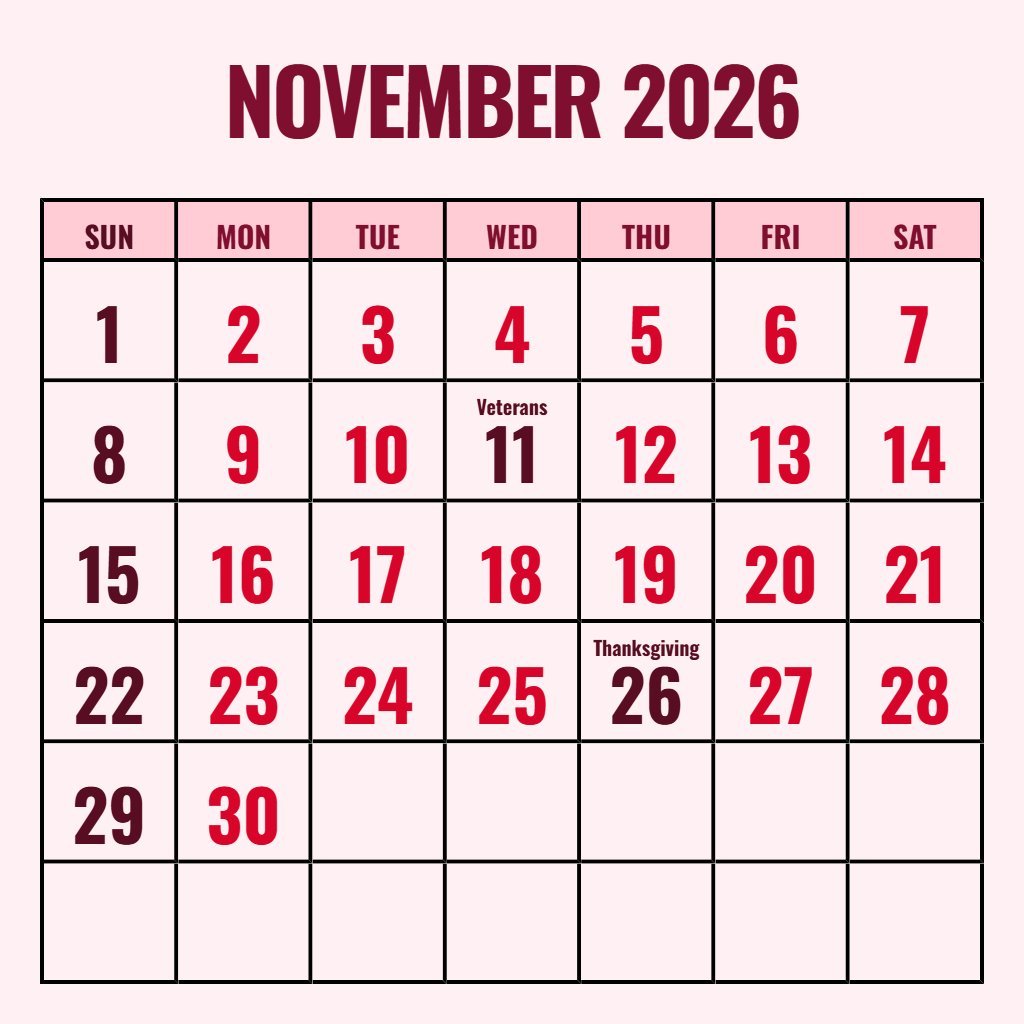 Free Monthly Free Printable 2026 Calendar Printable November Notes PDF Download