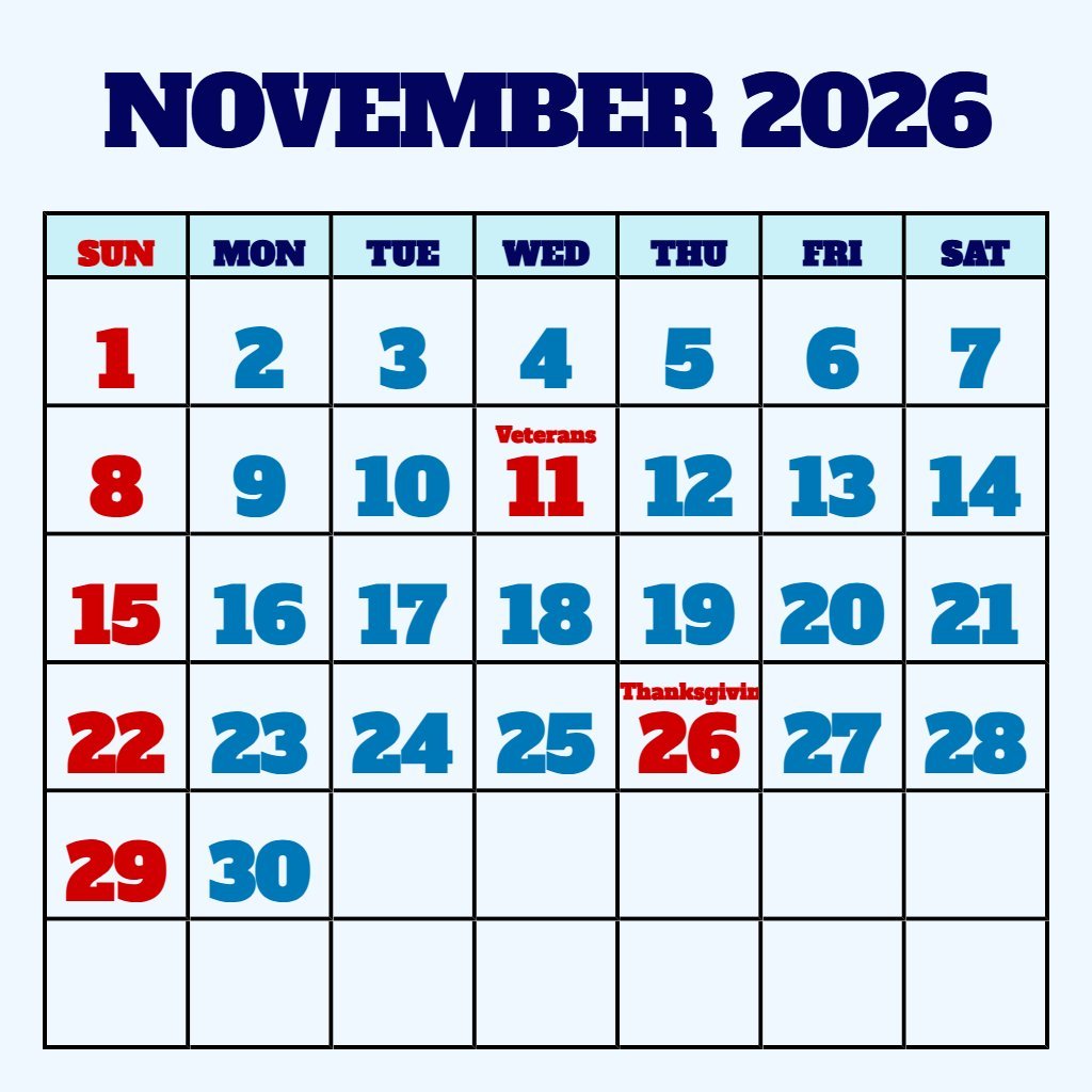 Cute Monthly Free Printable 2026 Calendar Printable November Wallpaper PDF Download