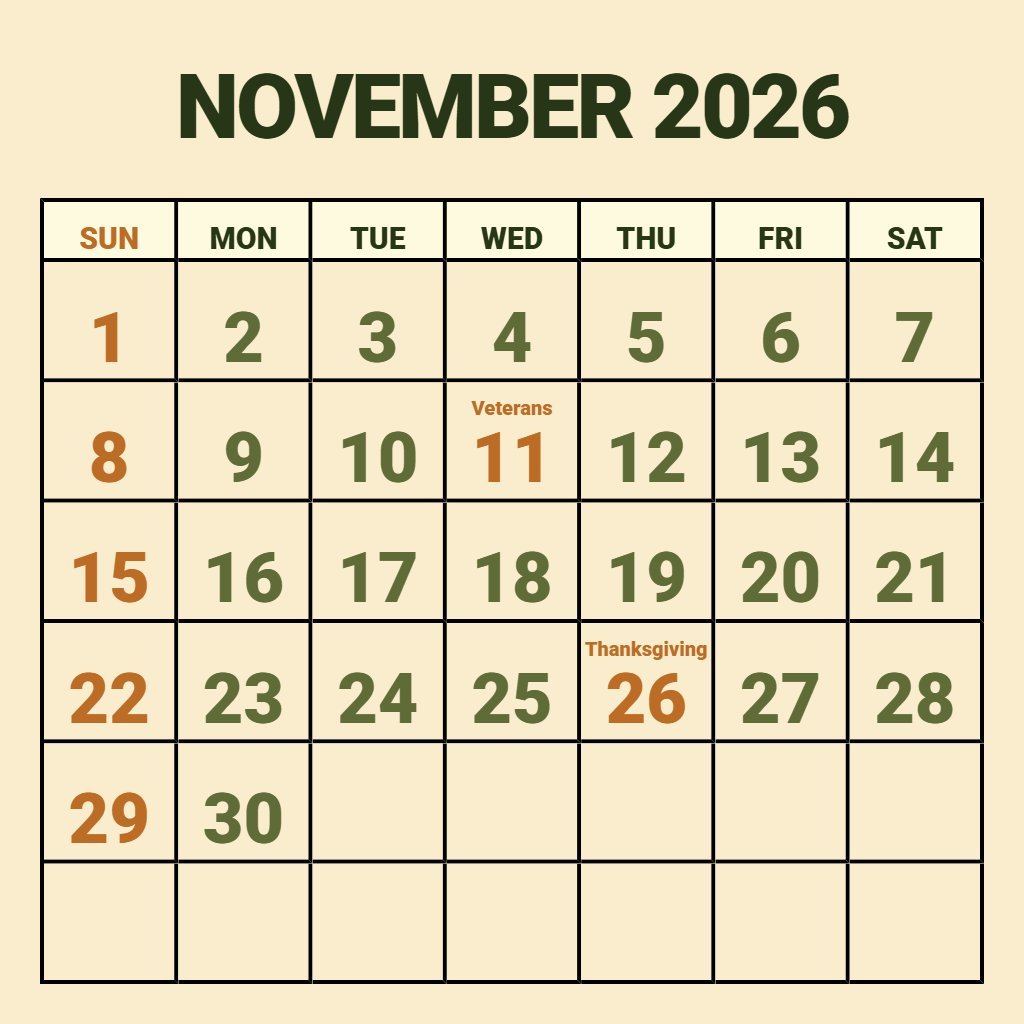 Cute November 2026 Blank Calendar Printable Free Wallpaper PDF Download