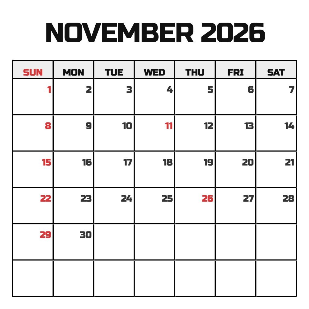 Custom November 2026 Calendar Printable Free Planning PDF Download