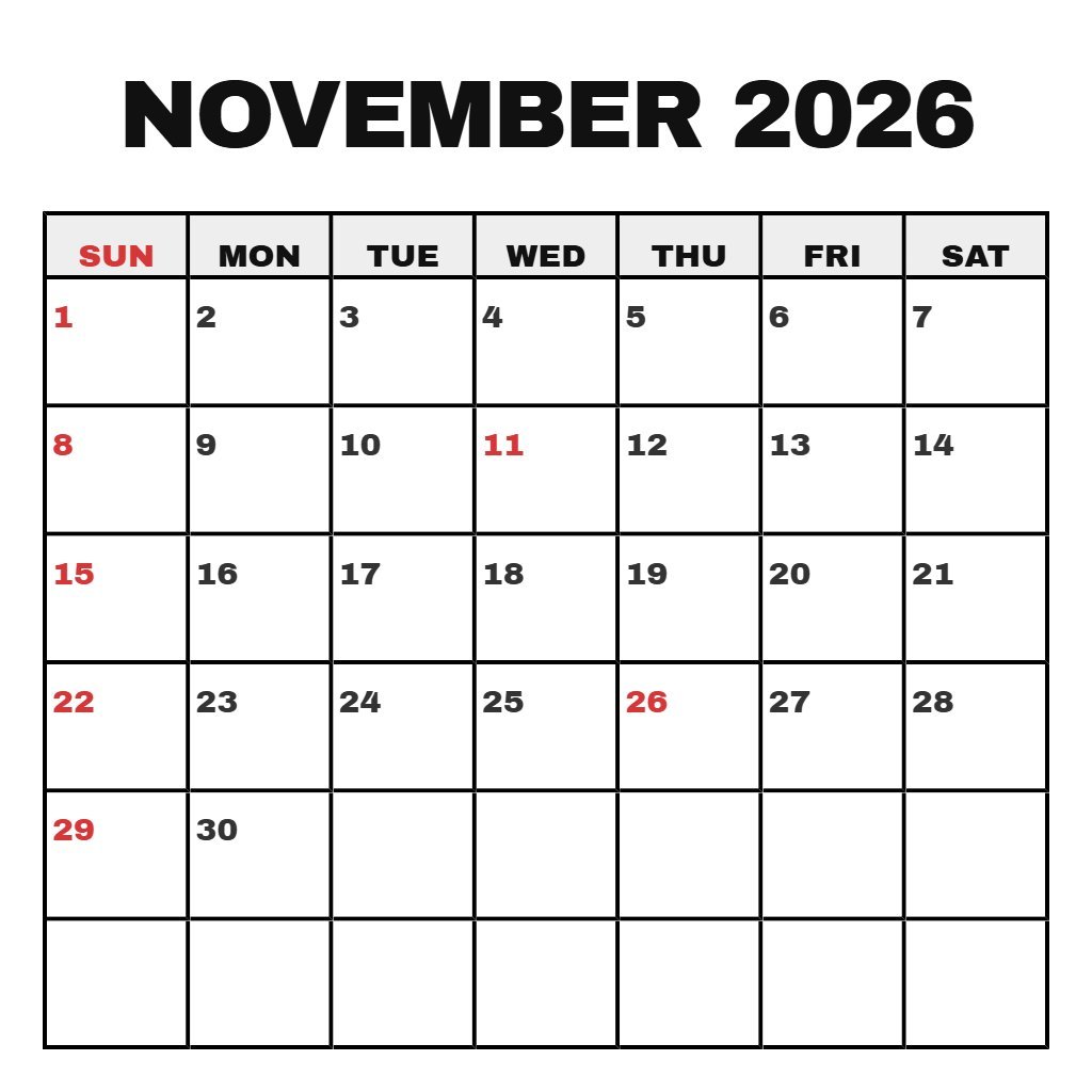 Cute November 2026 Calendar Printable Free Notes PDF Download