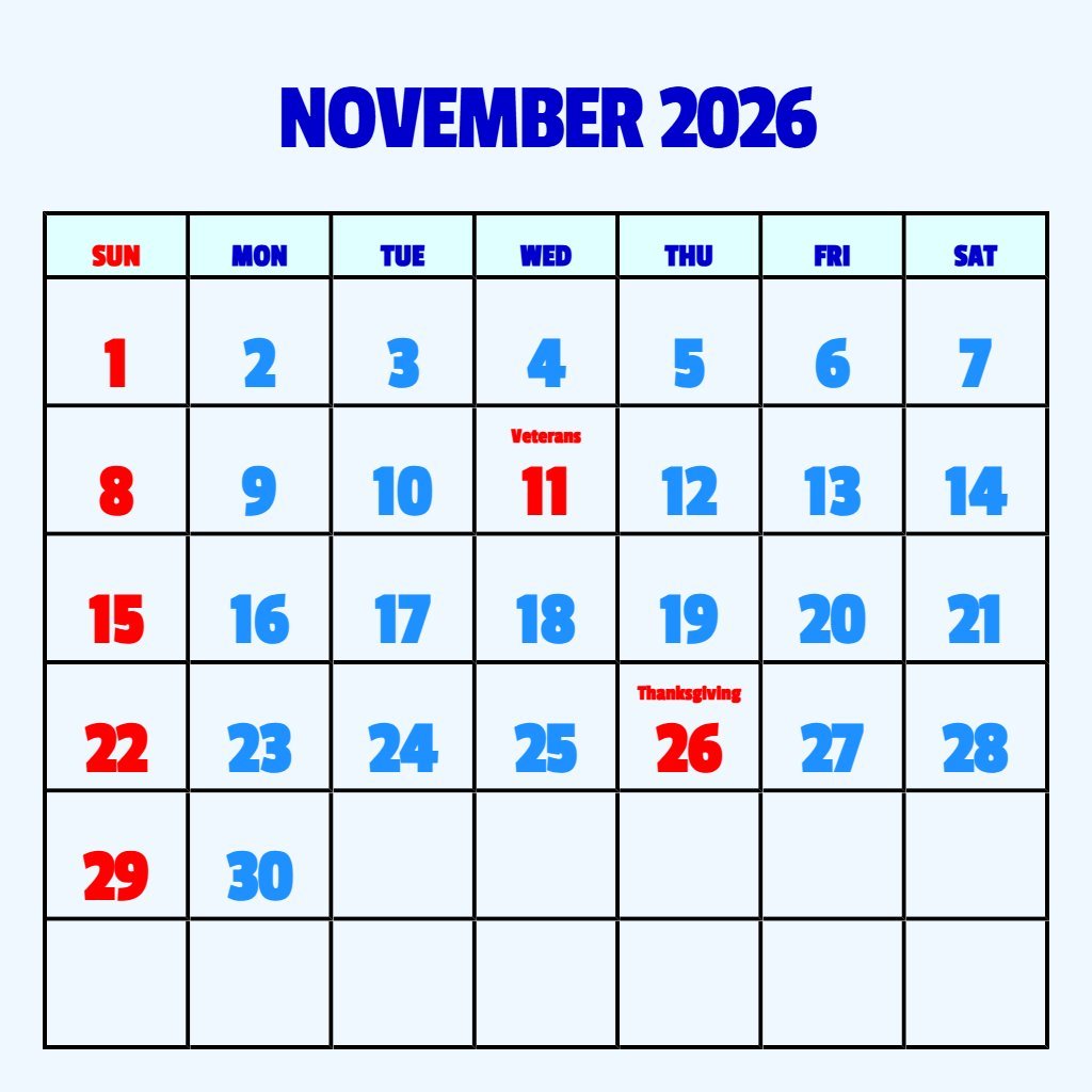 Editable November 2026 Calendar Printable Free Notes PDF Download