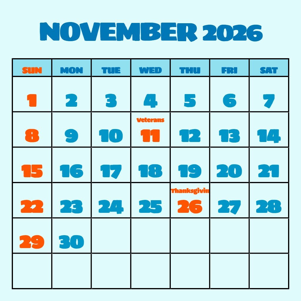 Editable November 2026 Calendar Printable Free Planning PDF Download