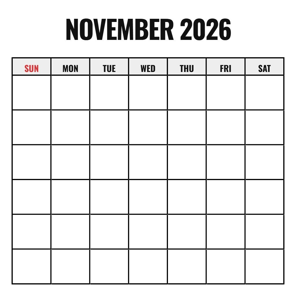 November 2026 Calendar Printable Free Blank PDF Download