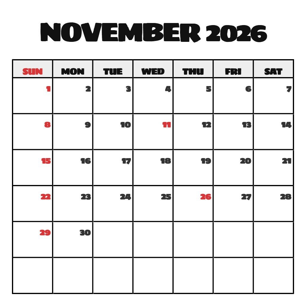 Custom November 2026 Calendar Printable Free Download Notes PDF Download