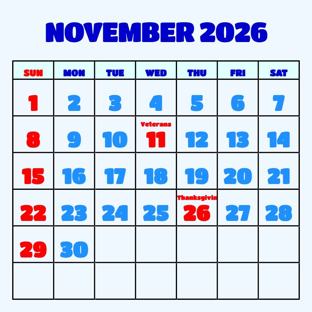 Custom November 2026 Calendar Printable Free Download Planning PDF Download