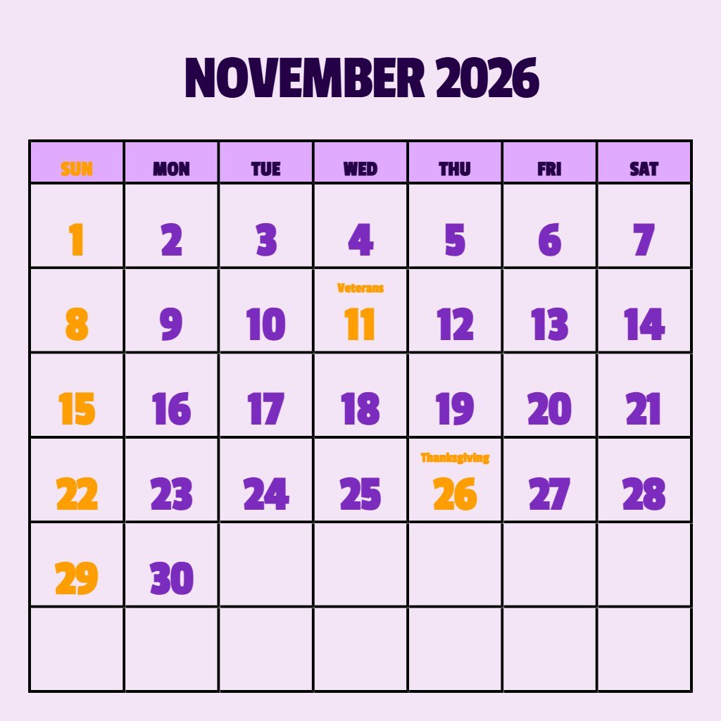 Cute November 2026 Calendar Printable Free Download Notes PDF Download