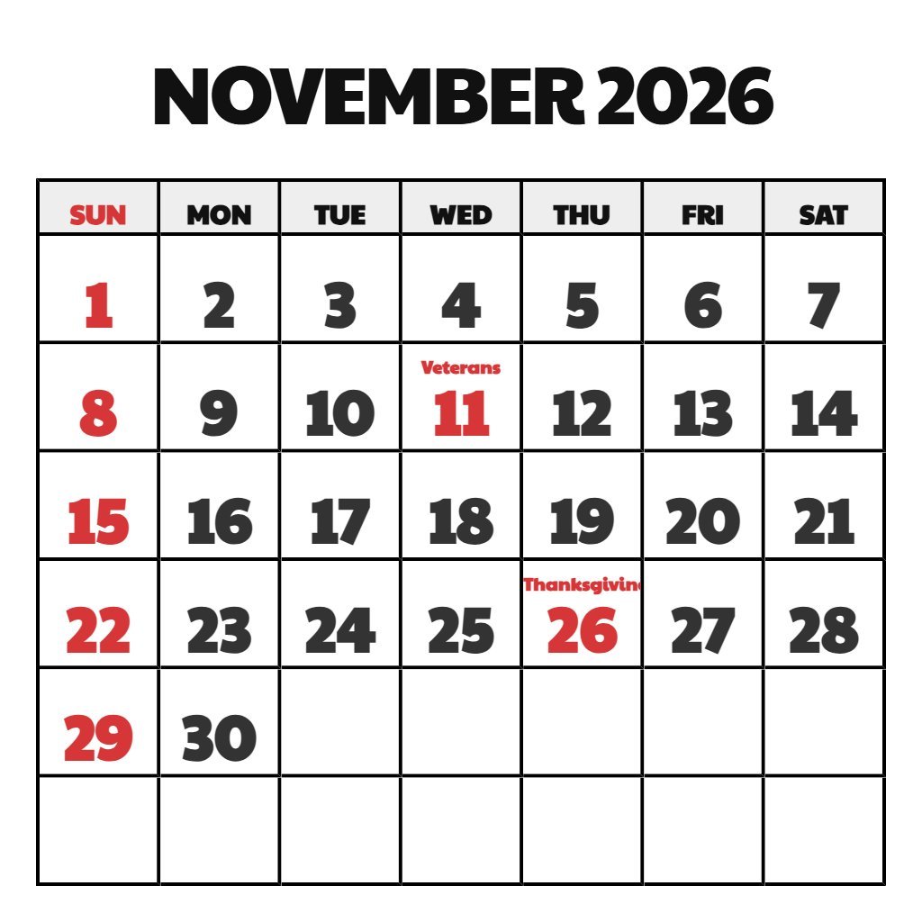 November 2026 Calendar Printable Free PDF Download