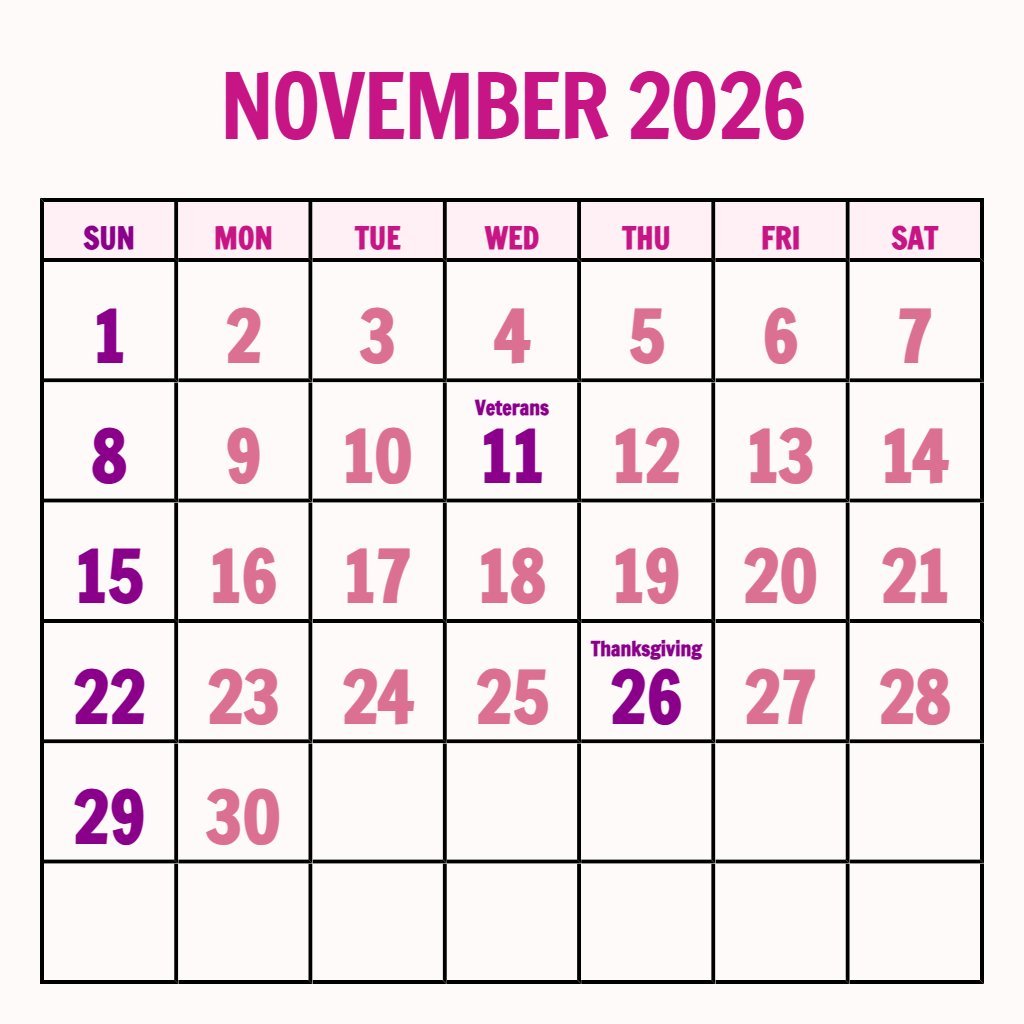 Custom November 2026 Calendar Printable Pdf Free Schedule PDF Download