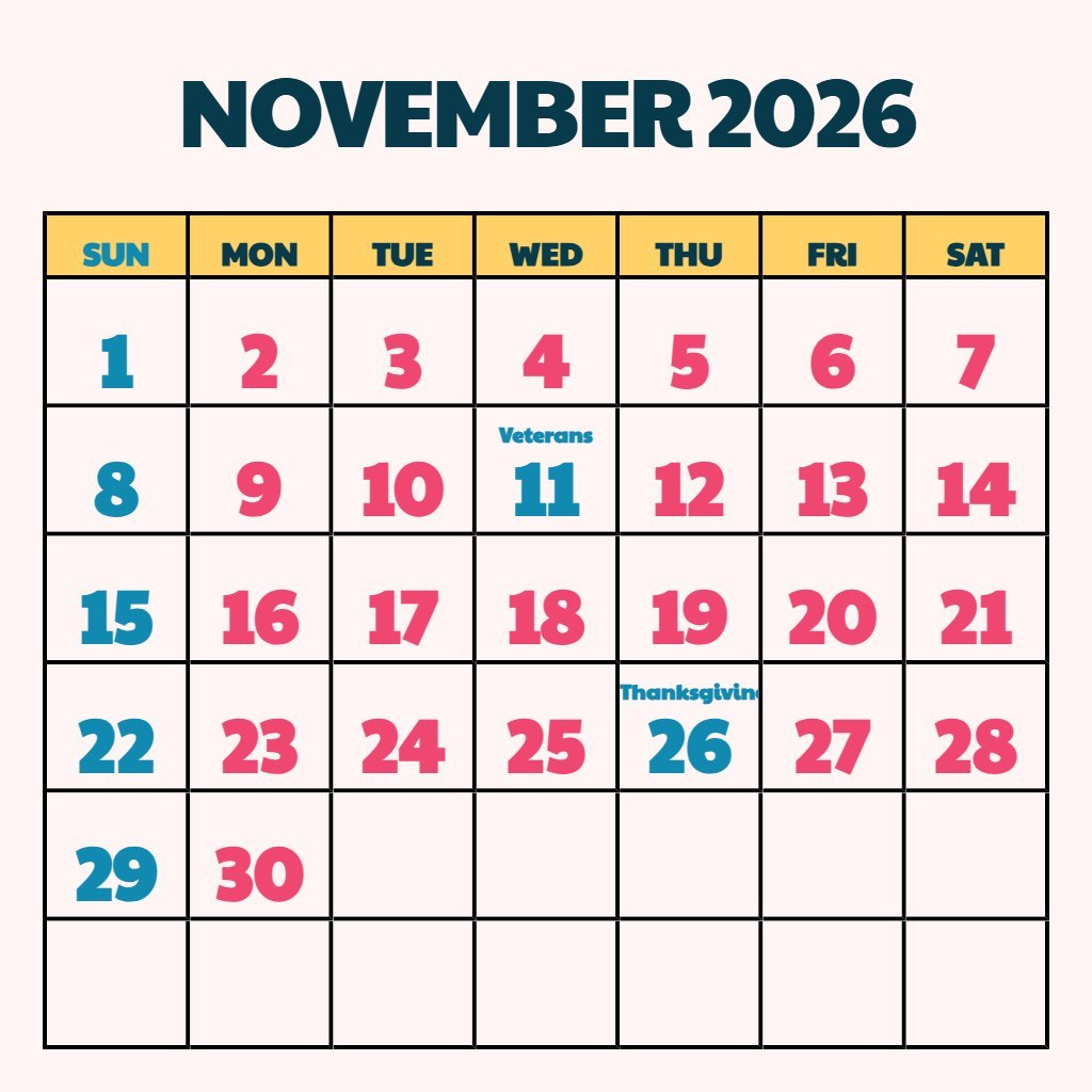Editable November 2026 Calendar Printable Pdf Free Schedule PDF Download