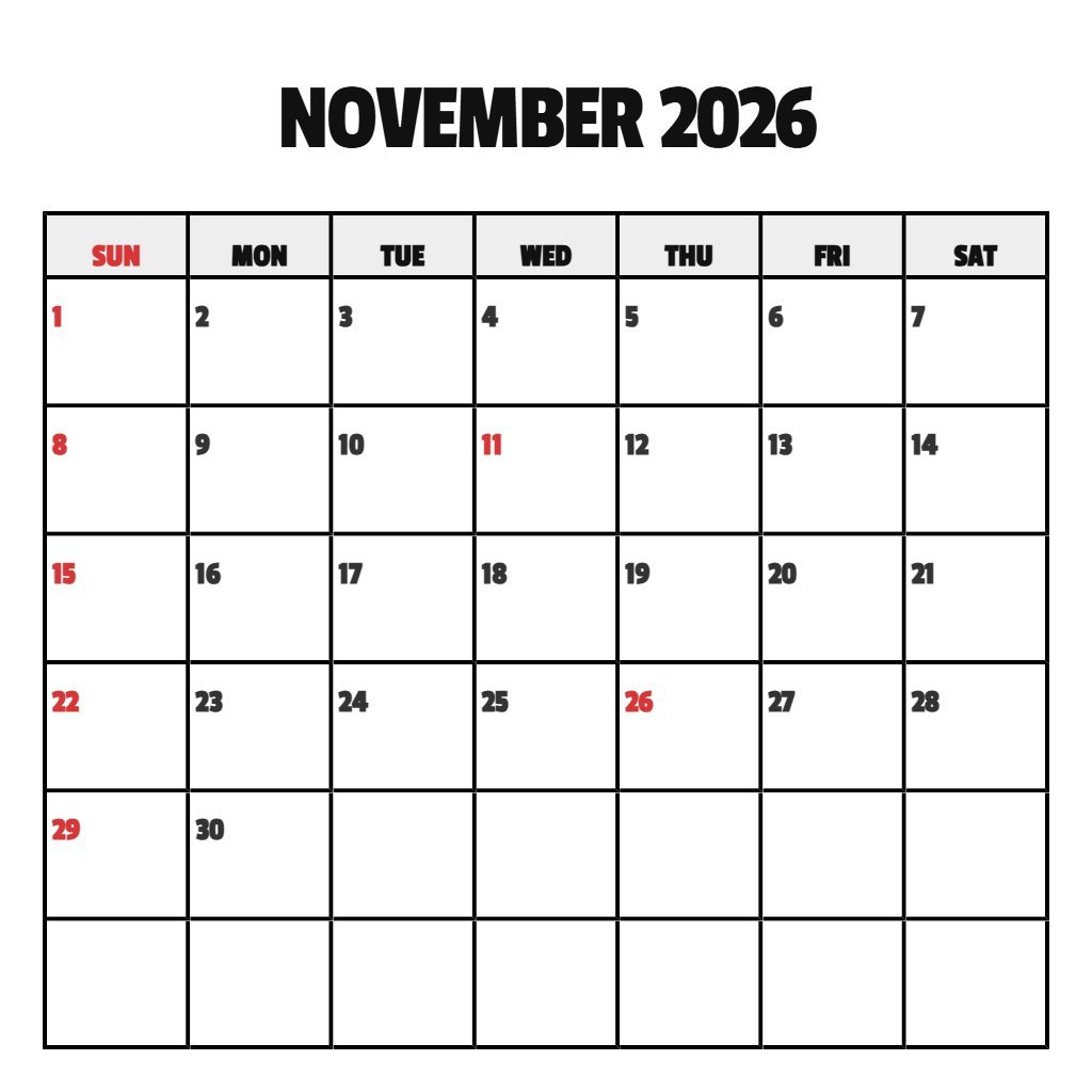 Editable November 2026 Calendar Printable Vertical Notes PDF Download