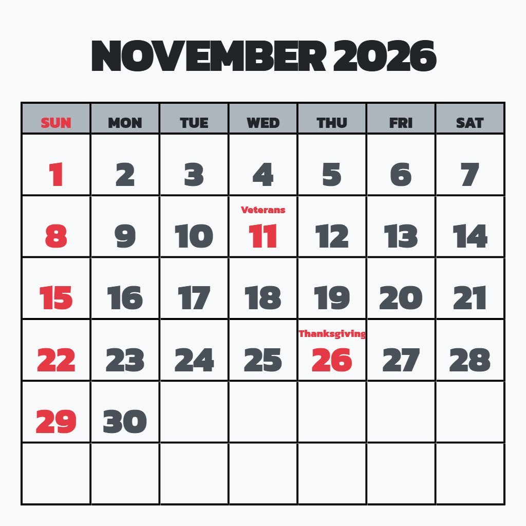 Custom November 2026 Calendar Printable Vertical Wallpaper PDF Download
