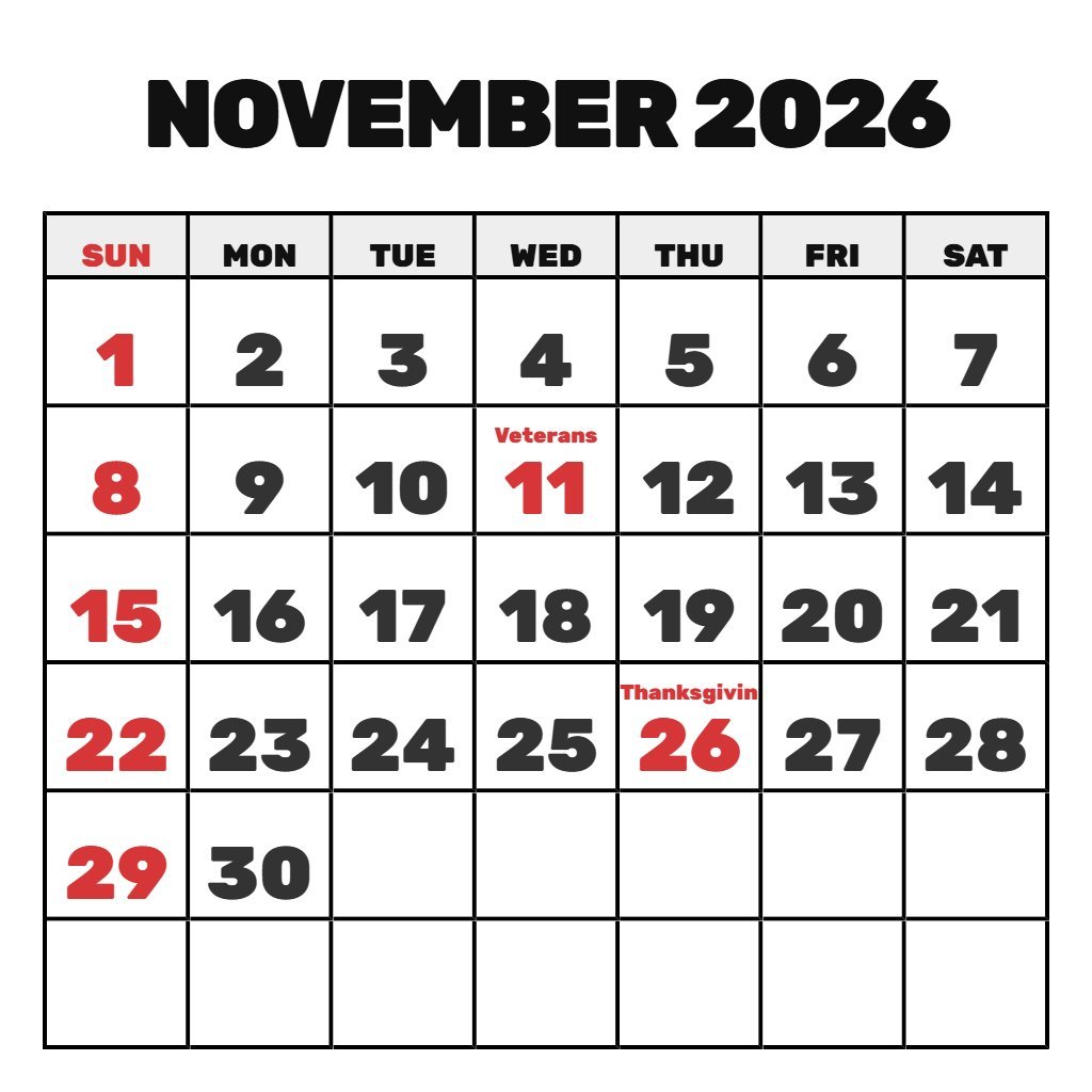 November 2026 Calendar Printable Vertical PDF Download